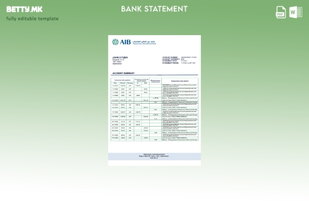 Шаблон за извод од банка во модерен стил Авганистан AIB
